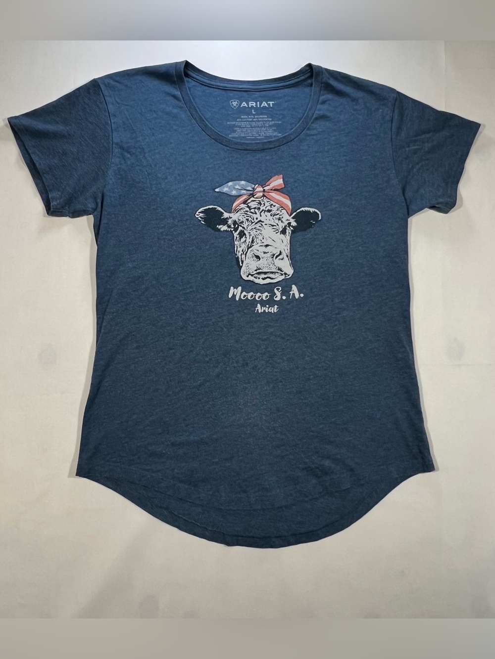 Ariat Women’s L Cow Graphic Tee Shirt Heather Blue USA Patriotic Bandana